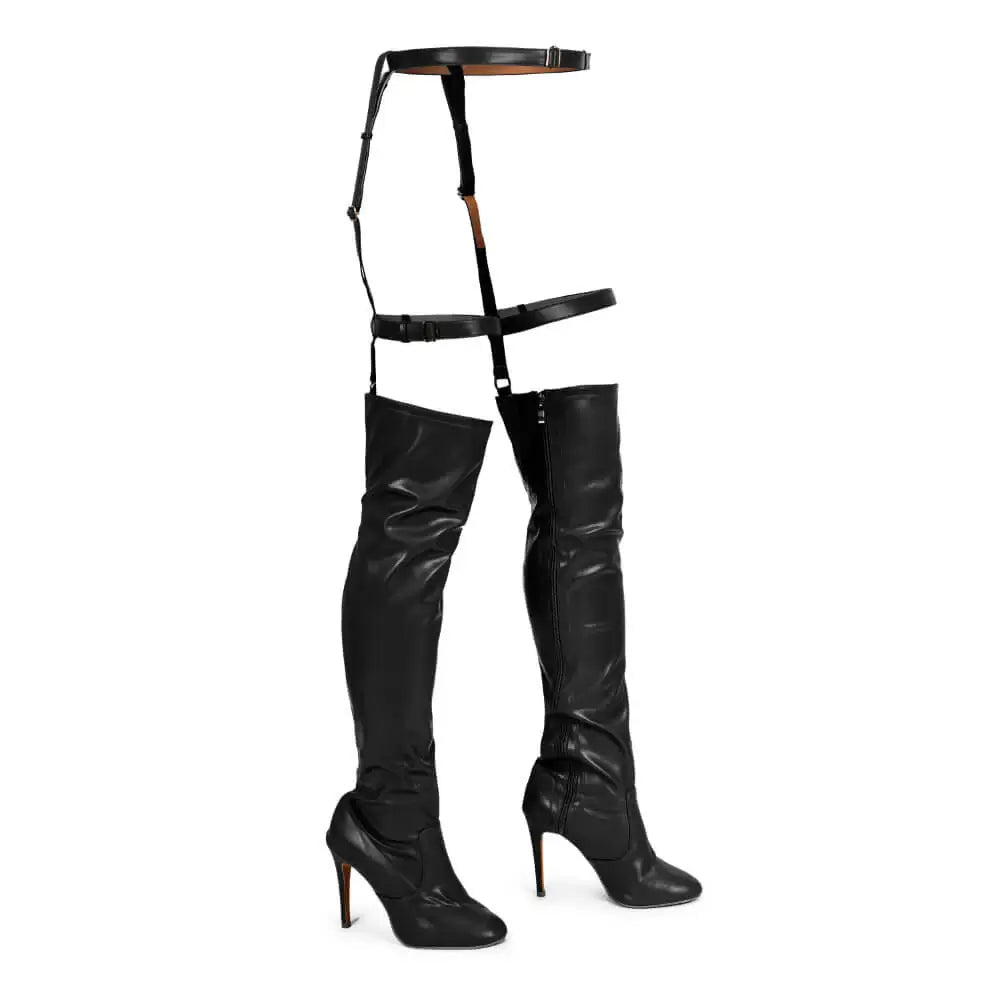 Rhea- Thigh high boots with belt, closed toe dance shoes.