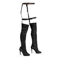 Rhea- Thigh high boots with belt, closed toe dance shoes.