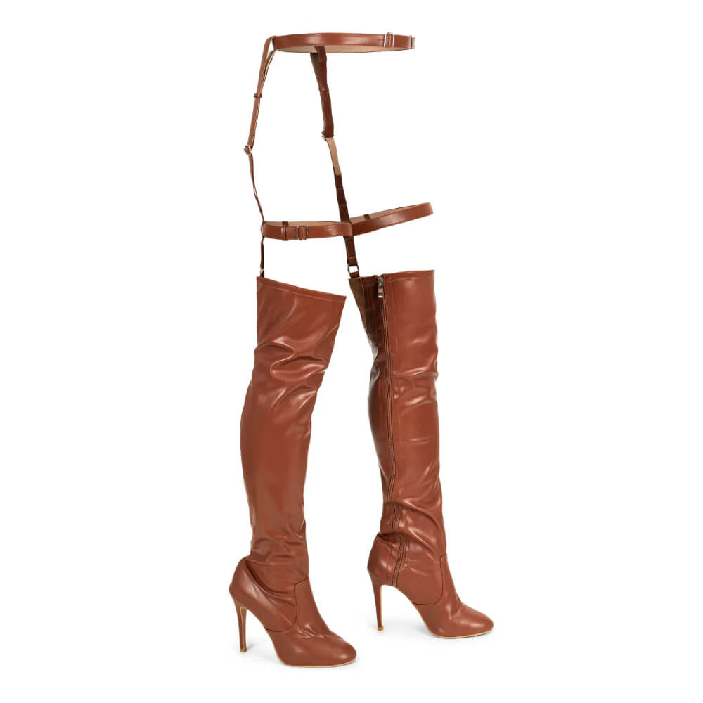 Rhea- Thigh high boots with belt, closed toe dance shoes.