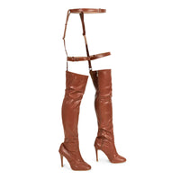 Rhea- Thigh high boots with belt, closed toe dance shoes.