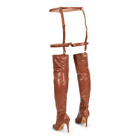 Rhea- Thigh high boots with belt, closed toe dance shoes.