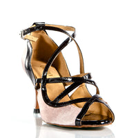 Nude pink satin Latin dance shoes with crisscross straps.