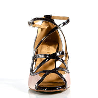 Nude pink satin Latin dance shoes with crisscross straps.