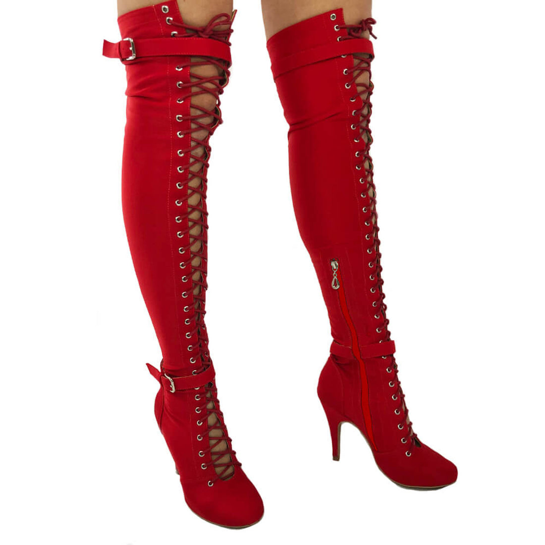 Leilani | Red closed toe lace-up high heel boots with stiletto heels.