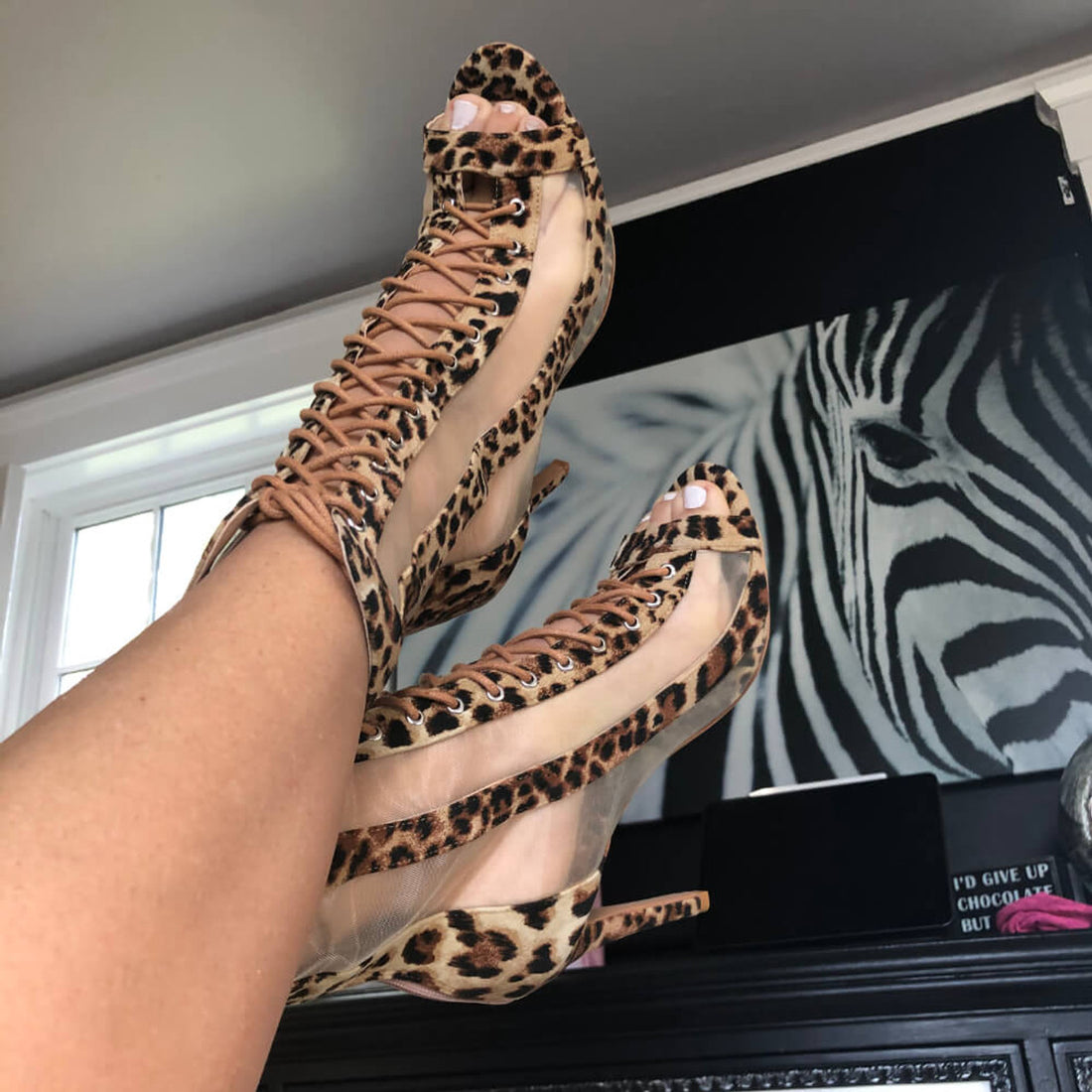 Leopard print open toe lace-up latin dance booties.