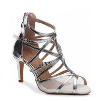 Metallic silver Latin dance shoes with mesh and multi-strap design