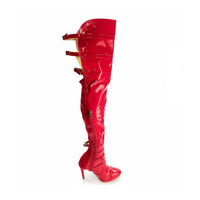 Red Patent leather thigh high boots with closed toe