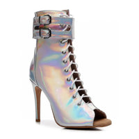 Open Toe Lace Up Silver Womens Latin Dance Shoes