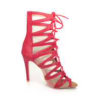 Vegan strappy red Latin dance ankle booties.