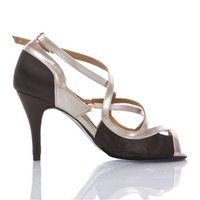 Black satin Latin dance shoes with crisscross straps and suede sole