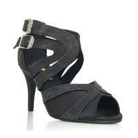 Black denim Latin dance shoes with street sole.