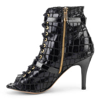 Kylie - Black Faux Crocodile Dance Booties (Street Sole)