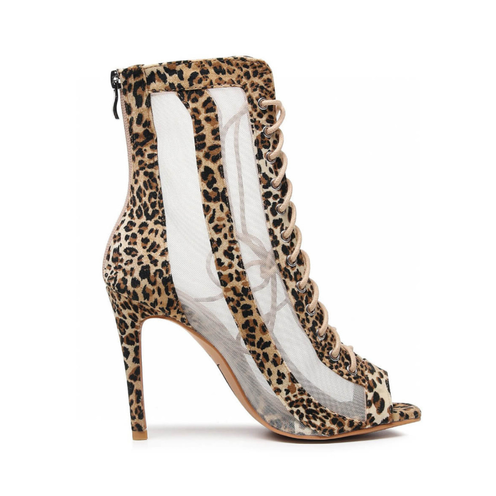 Leopard print open toe lace-up latin dance booties.