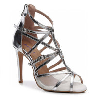 Metallic silver Latin dance shoes with mesh and multi-strap design
