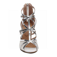 Metallic silver Latin dance shoes with mesh and multi-strap design