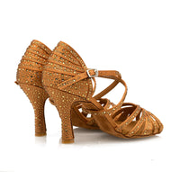 Venice - Tan Satin Gold Crystals 3.5" Latin and Ballroom Dance Shoes