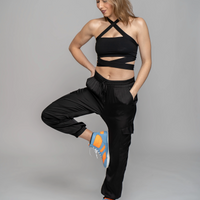 Women wearing Vigor hi top unisex dance sneaker blue & orange retro