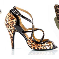 Arlette Leopard Satin Criss Cross Dance Shoes.