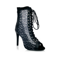 Leona Black Leopard Mesh Open Toe Lace-Up Latin Dance Booties