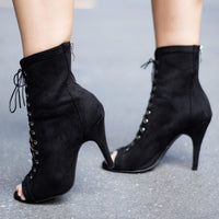 Sierralynn Open Toe Faux Suede Lace Up Black Latin Dance Shoes
