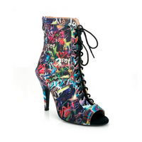 Sierralynn Graffiti Print Open Toe Lace Up Latin Dance Booties