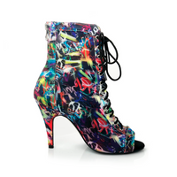Sierralynn Graffiti Print Open Toe Lace Up Latin Dance Booties