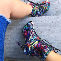 Sierralynn Graffiti Print Open Toe Lace Up Latin Dance Booties