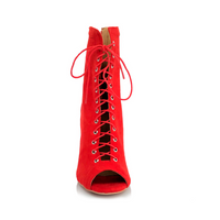 Sierralynn Open Toe Faux Suede Lace Up Red Latin Dance Shoes