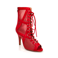 Red vegan leather and mesh lace-up Latin dance booties