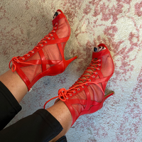 Red vegan leather and mesh lace-up Latin dance booties