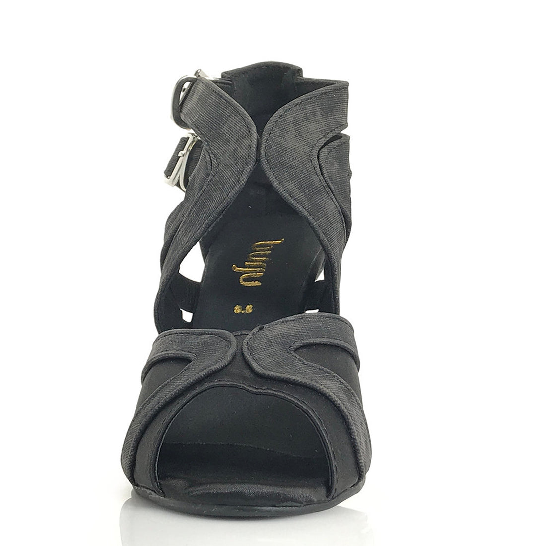 Isabel - Black Denim Open Toe Cross Strap Stiletto Dance Shoes (Street Sole)