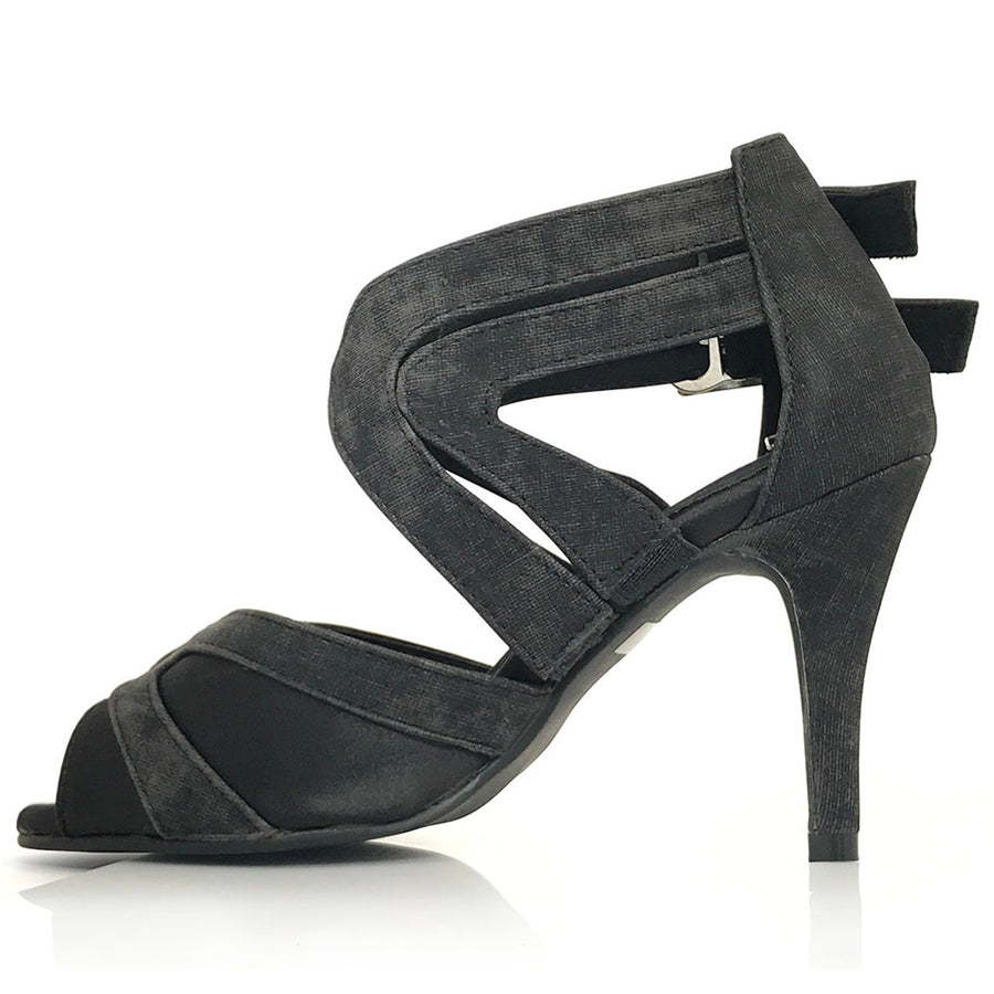 Isabel - Black Denim Open Toe Cross Strap Stiletto Dance Shoes (Street Sole)