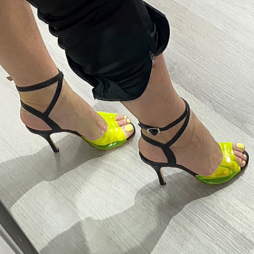 Rubi - Neon Green Acrylic and Black Leather Snake Tango Dance Shoes (Leather Sole)