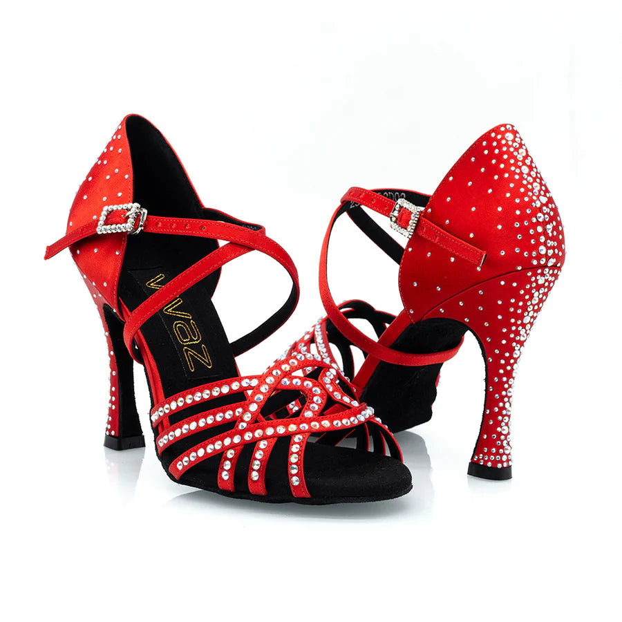 Danica - Red Satin & Crystal 3.75” Suede Sole Dance Shoes