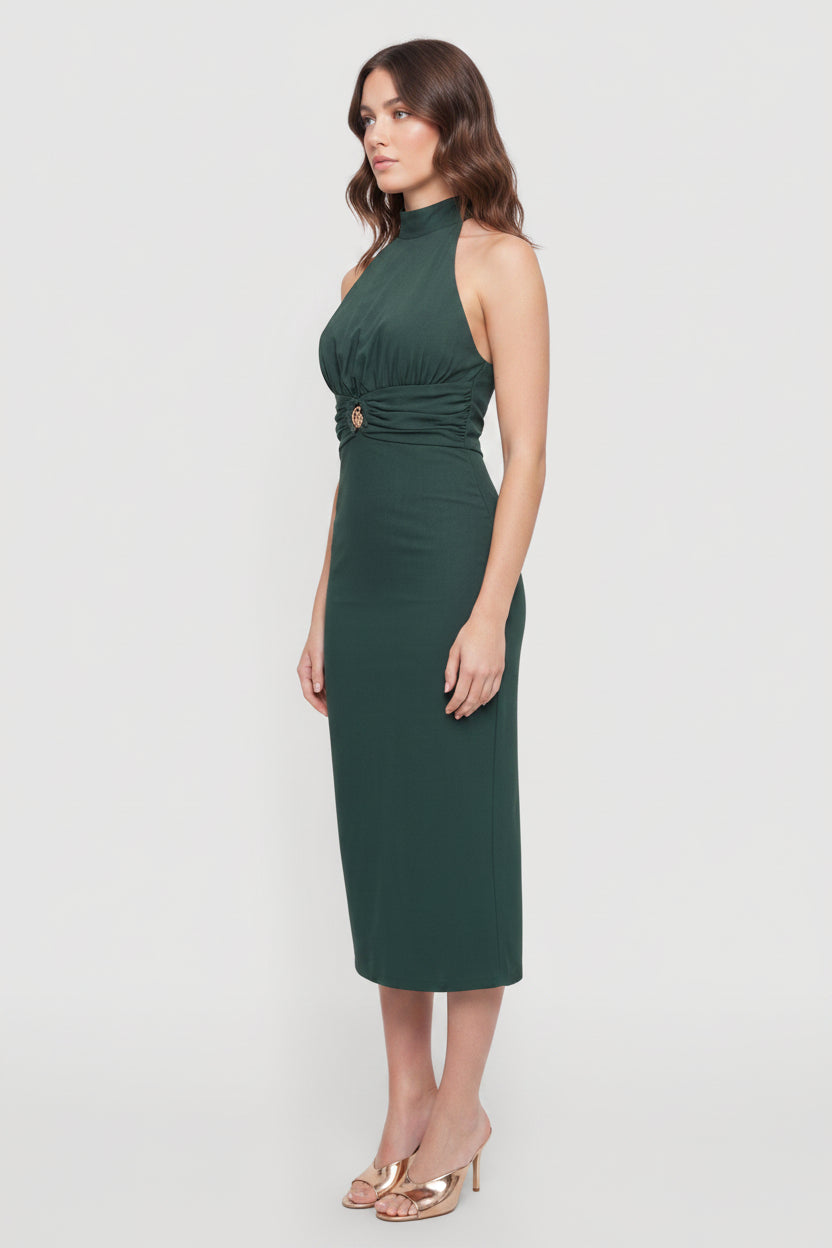 Hunter Green Halter Midi Dress for dance, cocktail, special event