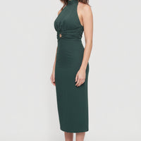 Hunter Green Halter Midi Dress for dance, cocktail, special event