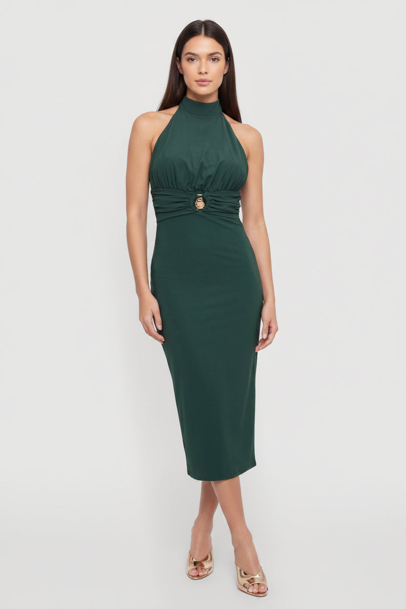 Hunter Green Halter Midi Dress for dance, cocktail, special event