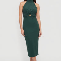 Hunter Green Halter Midi Dress for dance, cocktail, special event
