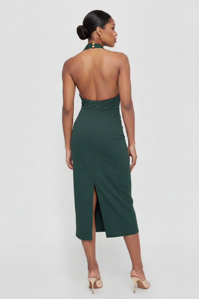 Hunter Green Halter Midi Dress for dance, cocktail, special event