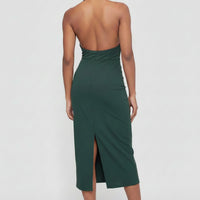 Hunter Green Halter Midi Dress for dance, cocktail, special event