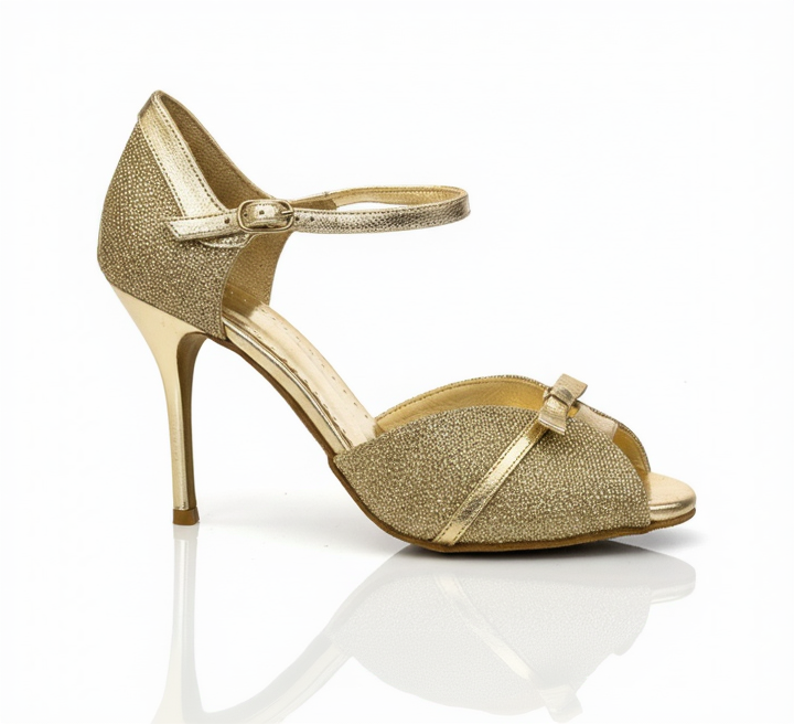 Gold Sequel - Leather, Lame & Bow Argentine Tango Dance Shoes (Suede Sole)