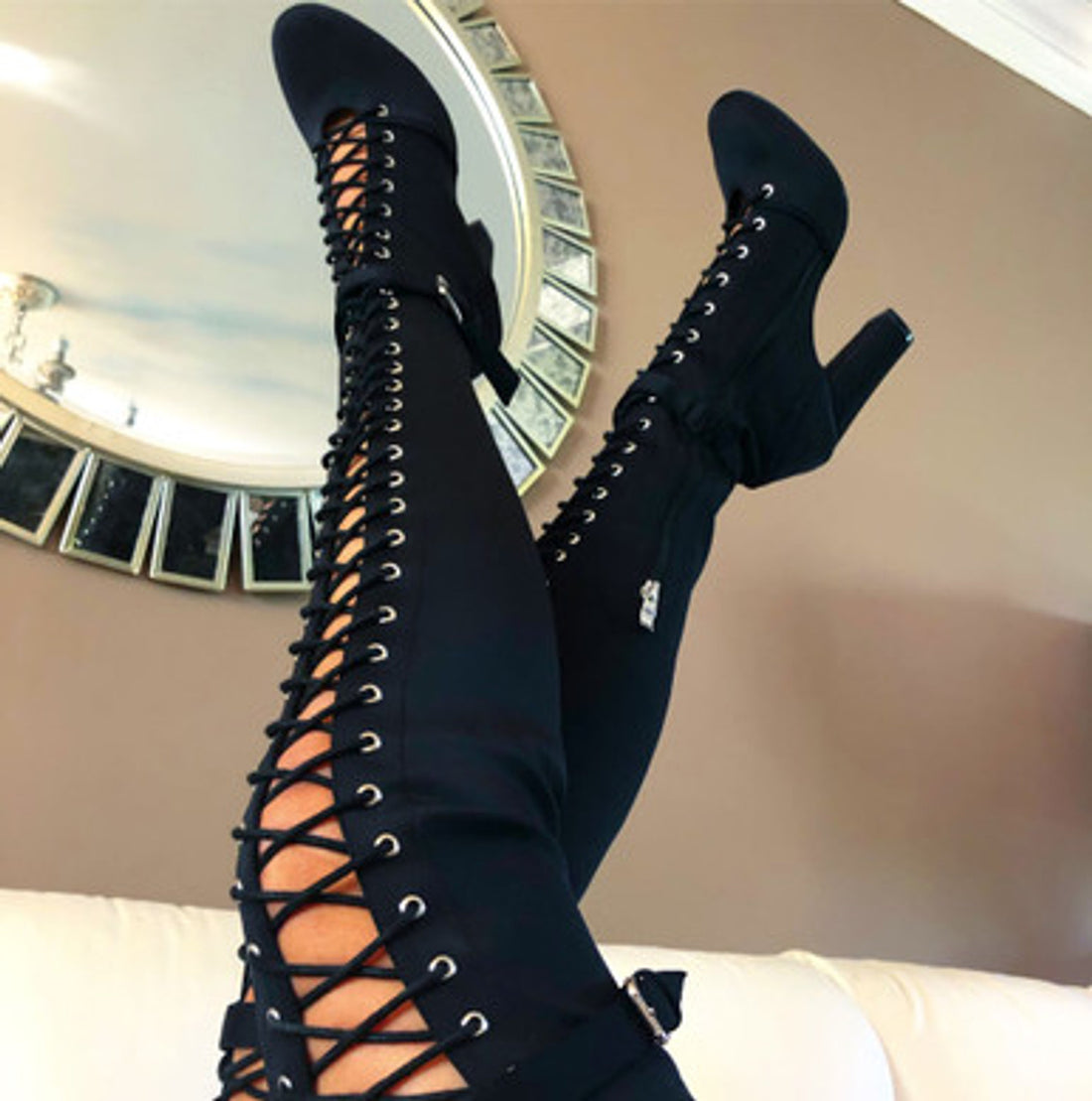 Knee High Lace Up Boots With Block Heel Black Thigh Thigh High