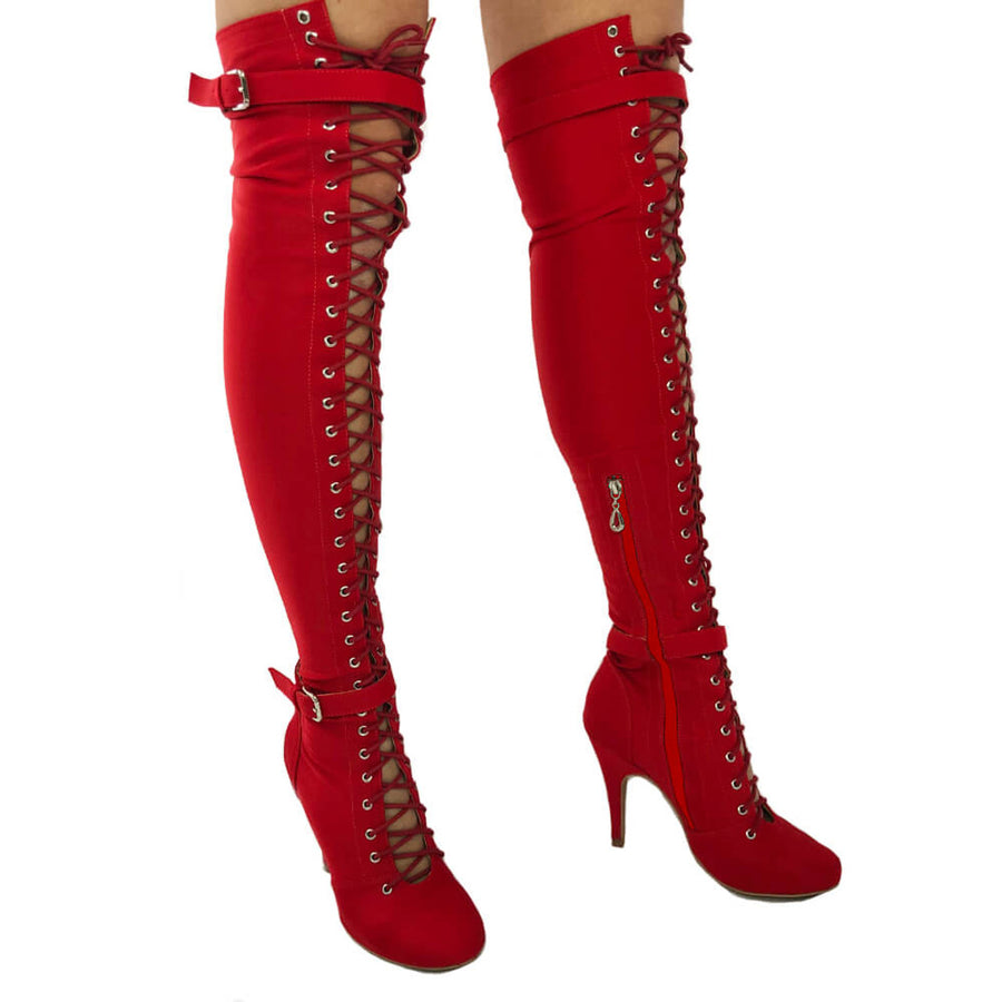 Leilani - Red Closed Toe Lace Up Over The Knee Stiletto Boot