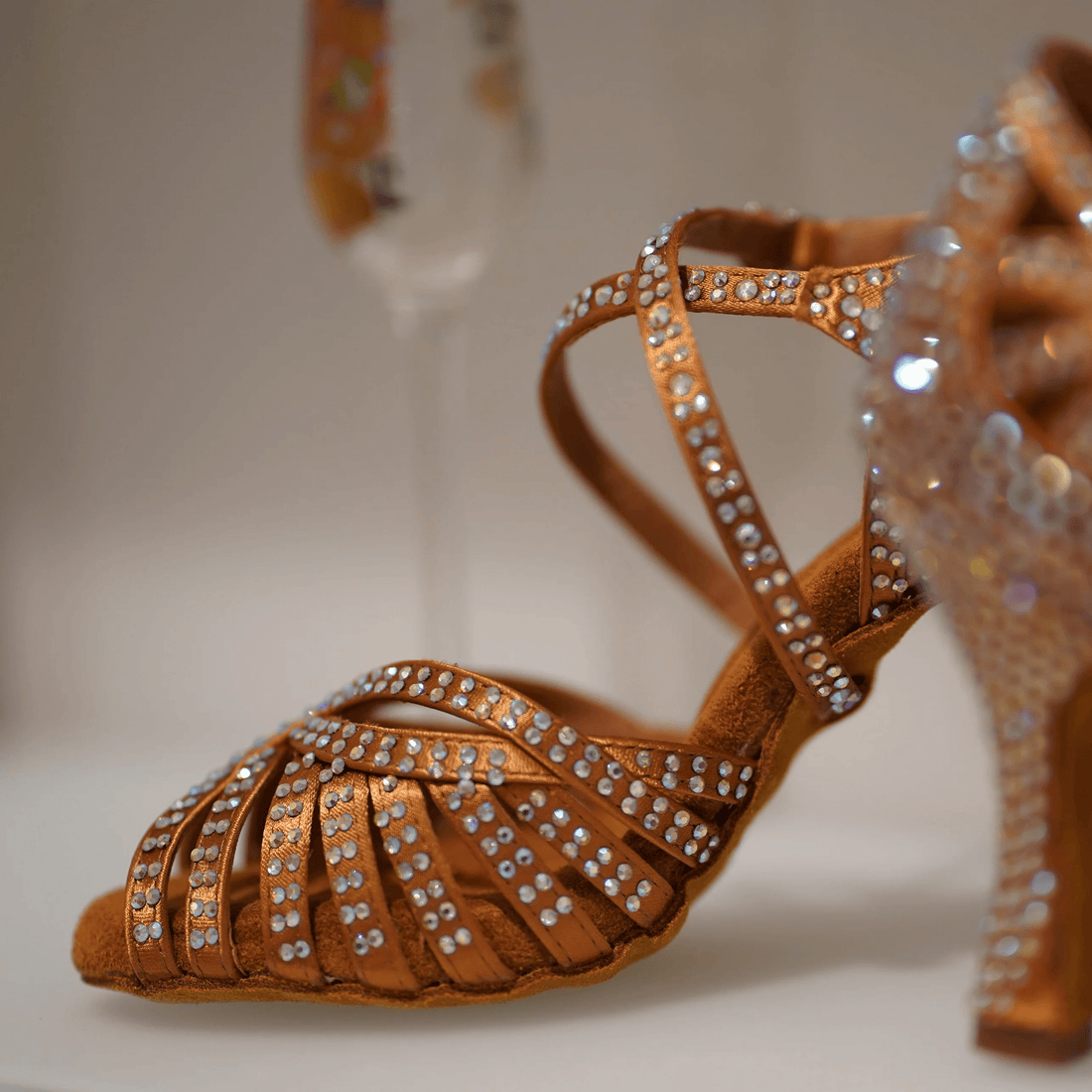 Tan Rhinestone Double Padded Dance Shoes (Suede Sole)