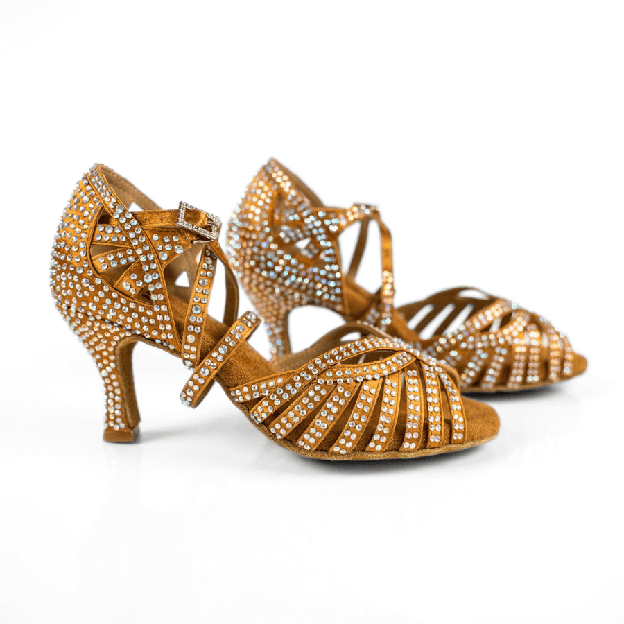 Tan Rhinestone Double Padded Dance Shoes (Suede Sole)