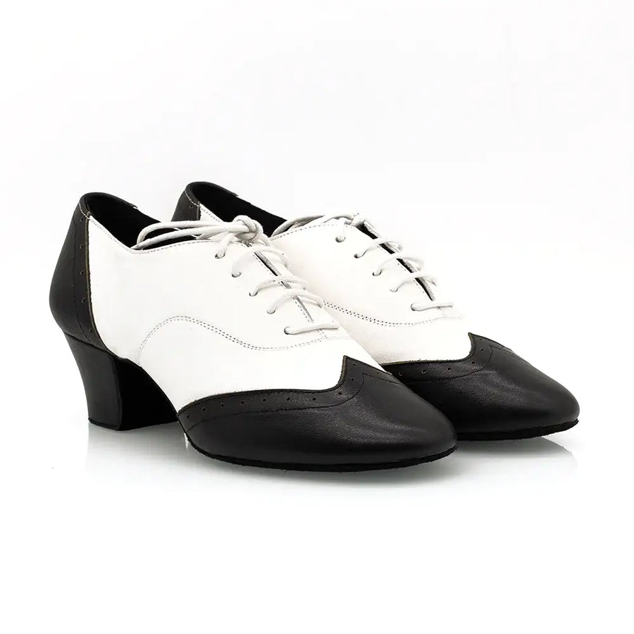 Melody - Black & White Leather 2" Women's Cuban Heel Latin & Ballroom Practice Dance Shoes (Suede Sole)