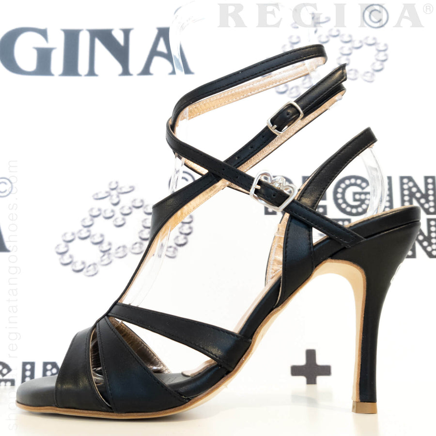 Recoleta Twins Black Leather Tango Shoes with triple butterfly front