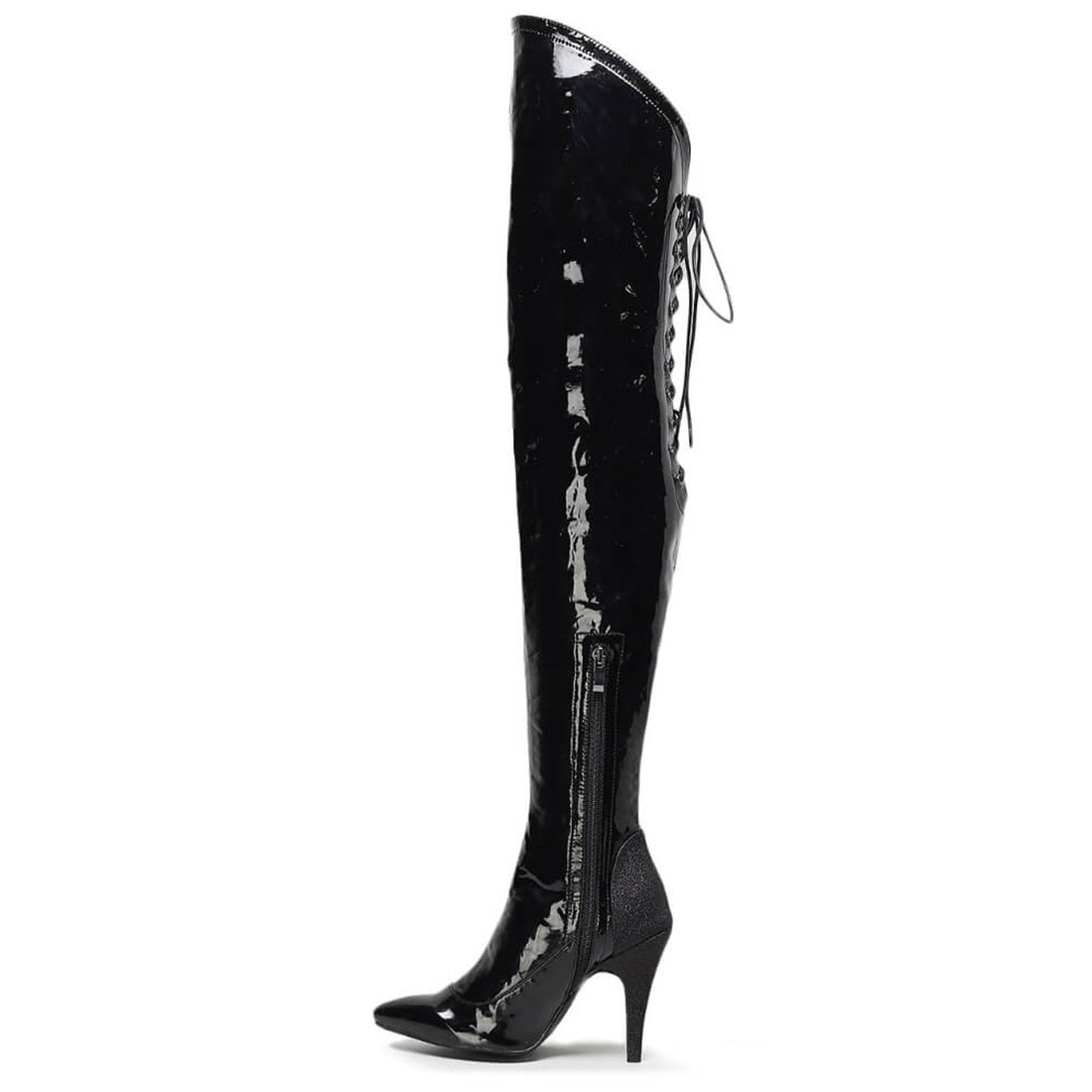 Savage Thigh High - By Kiira Harper - Closed Pointed Toe Wet Look With Sparkle Heel Dance Boots (Street Sole)