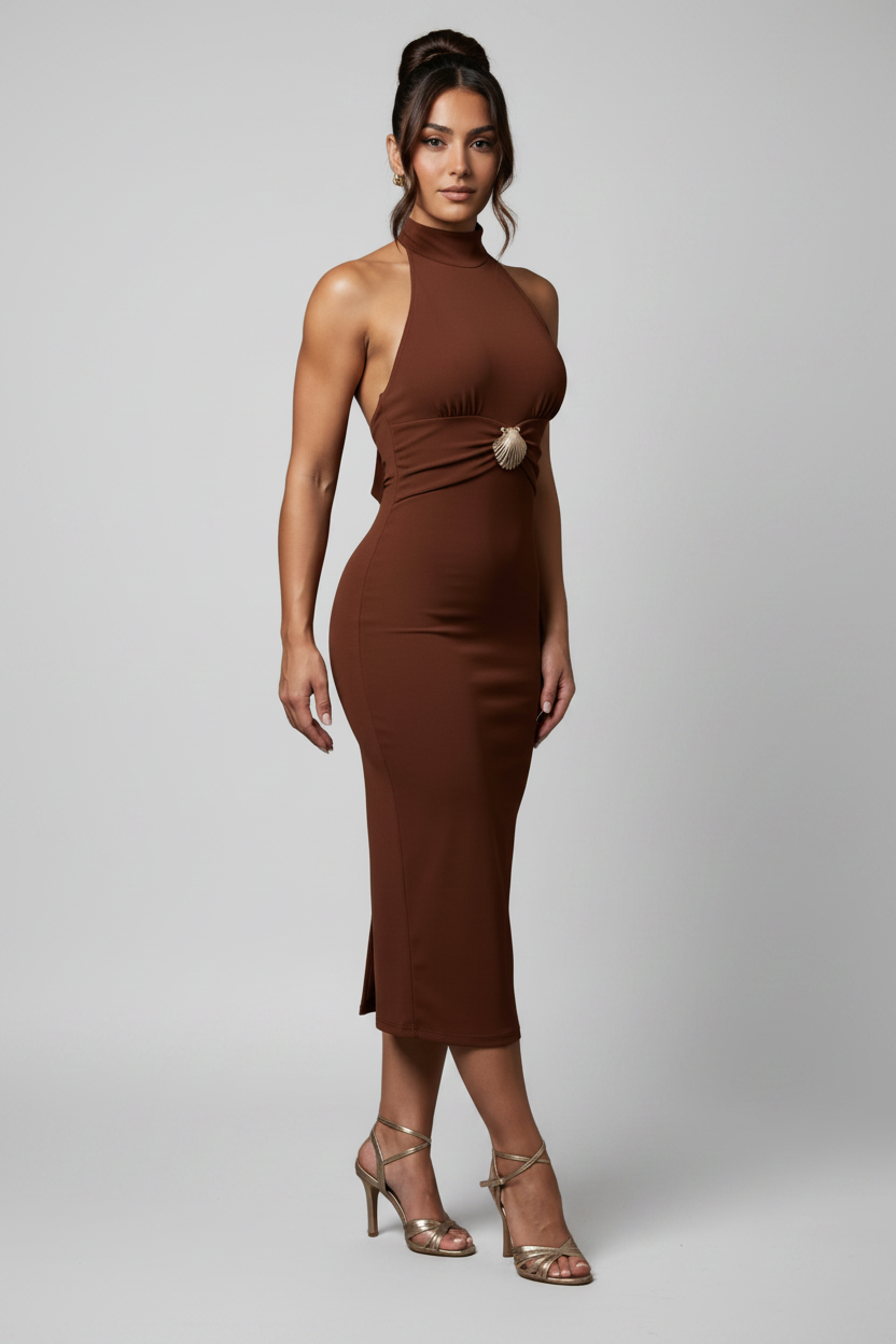 Metallic Seashell Detail Sleeveless Halter Neck Midi Dress