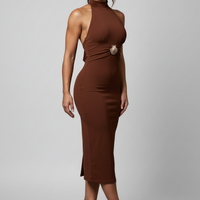 Metallic Seashell Detail Sleeveless Halter Neck Midi Dress